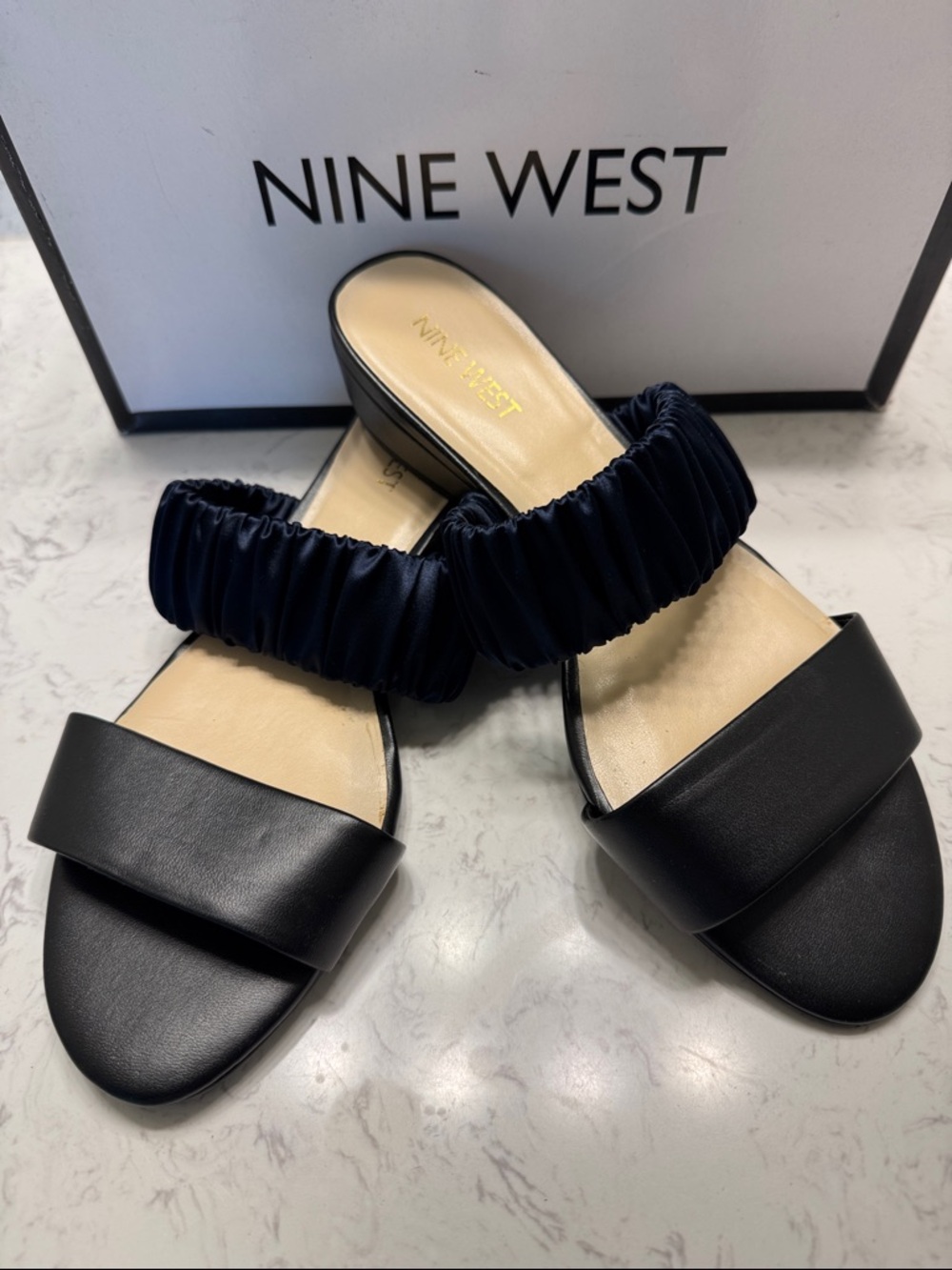 Nine West Black and Navy Ruched Strap Slide Mules